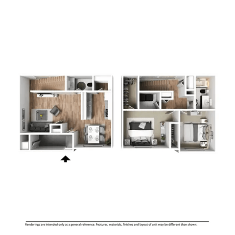 Floor plan for 2 beds, 1.5 baths, 952 sqft